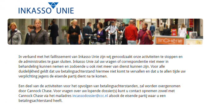 Screenshot van de website van Inkasso Unie.