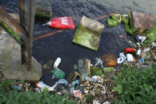 Afval in water langs de oever.