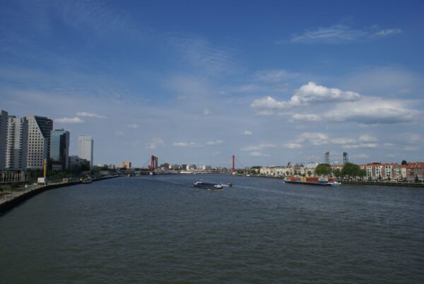 Willemsbrug en Nieuwe Maas, gezien vanaf Erasmusbrug.