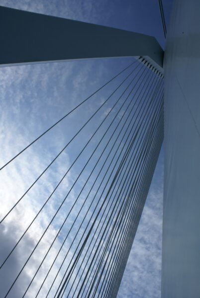 Erasmusbrug: pyloon en tuien van onderaf.