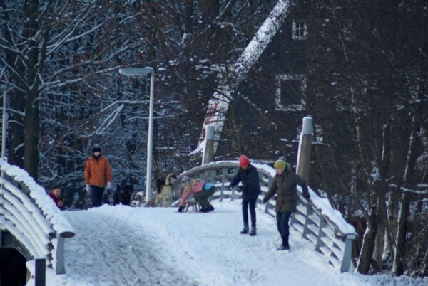 Kinderen spelen in de sneeuw bij brug Amsterdamse Bos.