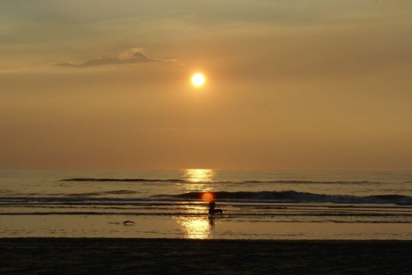 Man met hond bij zonsondergang Wijk aan Zee.