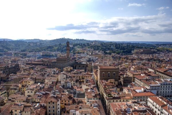 Uitzicht Florence: Giotto's klokkentoren, Palazzo Vecchio en andere gebouwen.